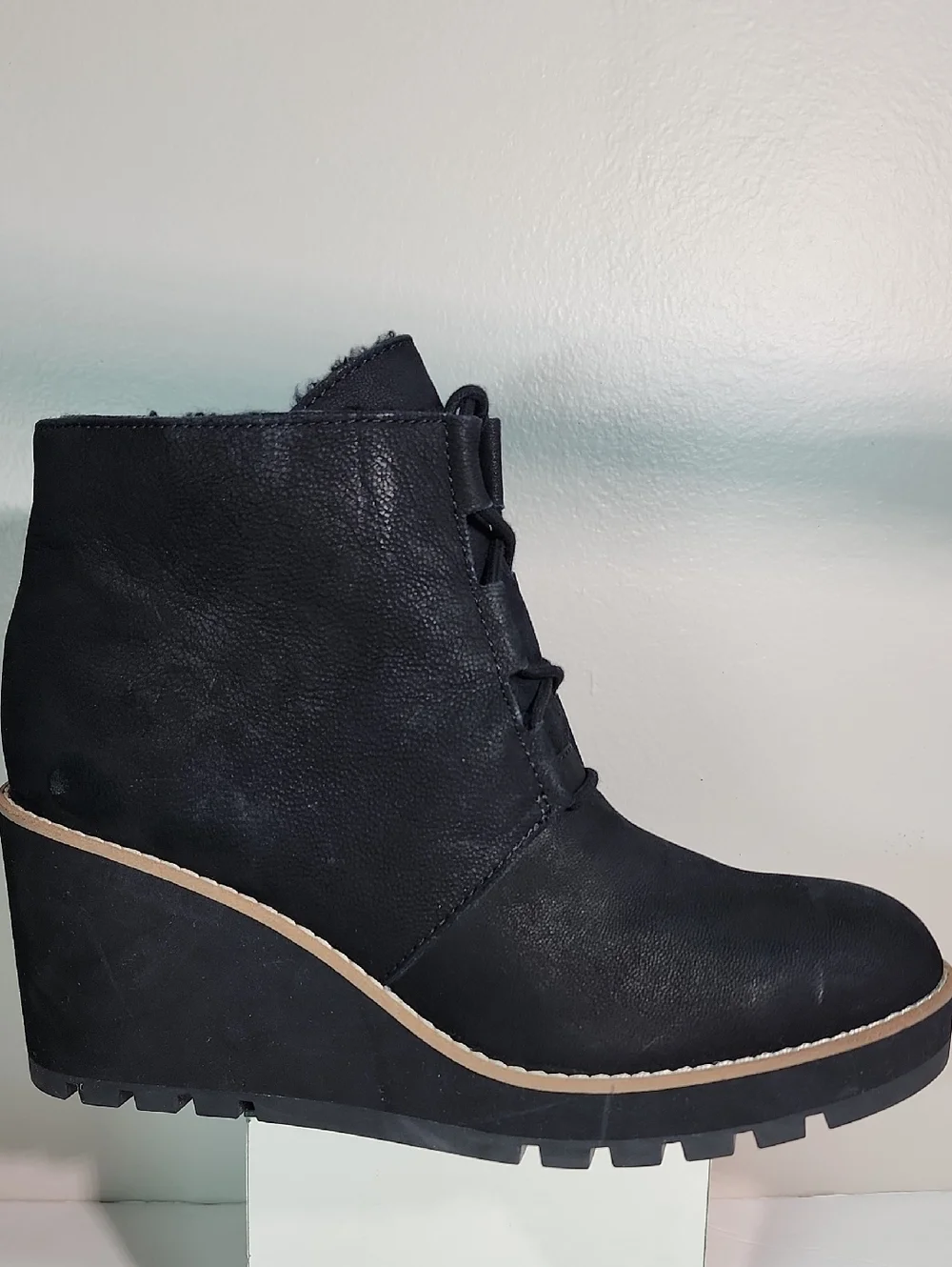 Eileen Fisher Black Lace-Up Wedge Ankle Boot with Contrast Trim